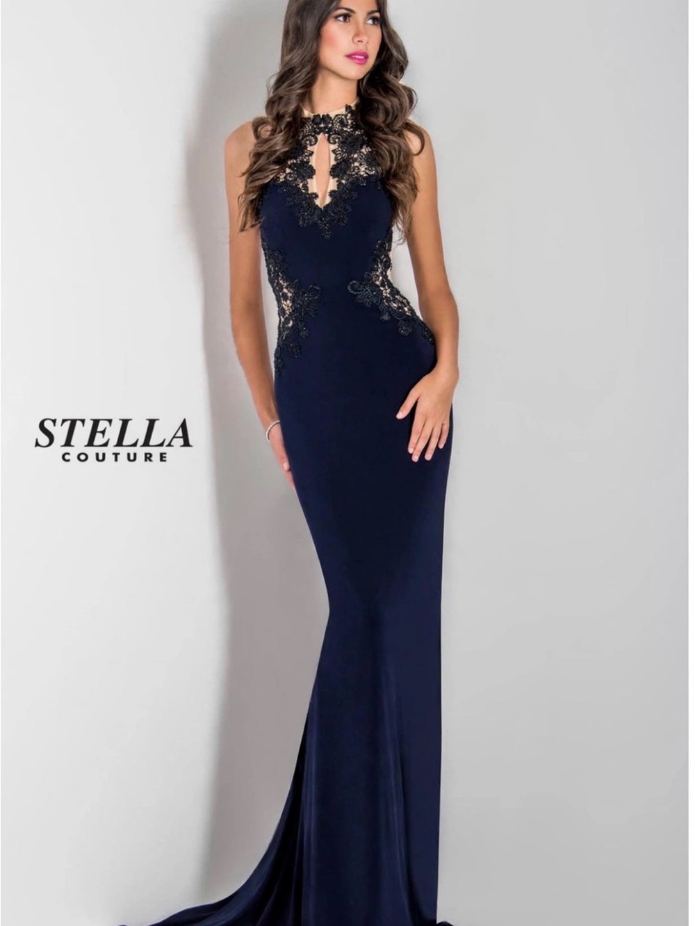 Stella Couture Navy Lace-Trim Halter Prom Gown